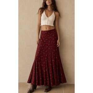 Free People Maxi Skirt Ruby Forever Burgandy Boho Ruffle Floral Side Zip 10
